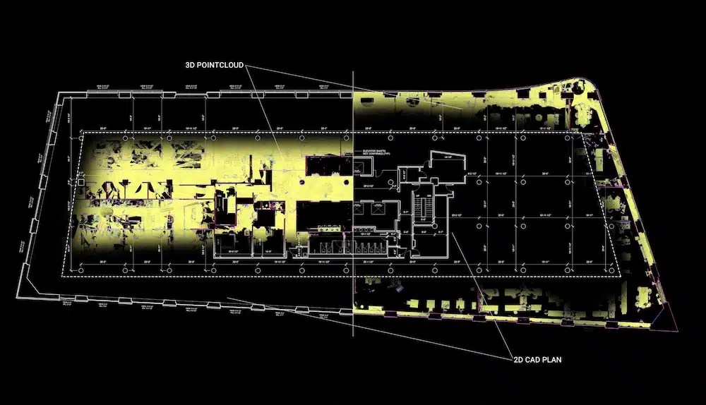 Split-view floor plan showing 3D point cloud data on the left and a 2D CAD plan on the right, with rooms and structural elements outlined.