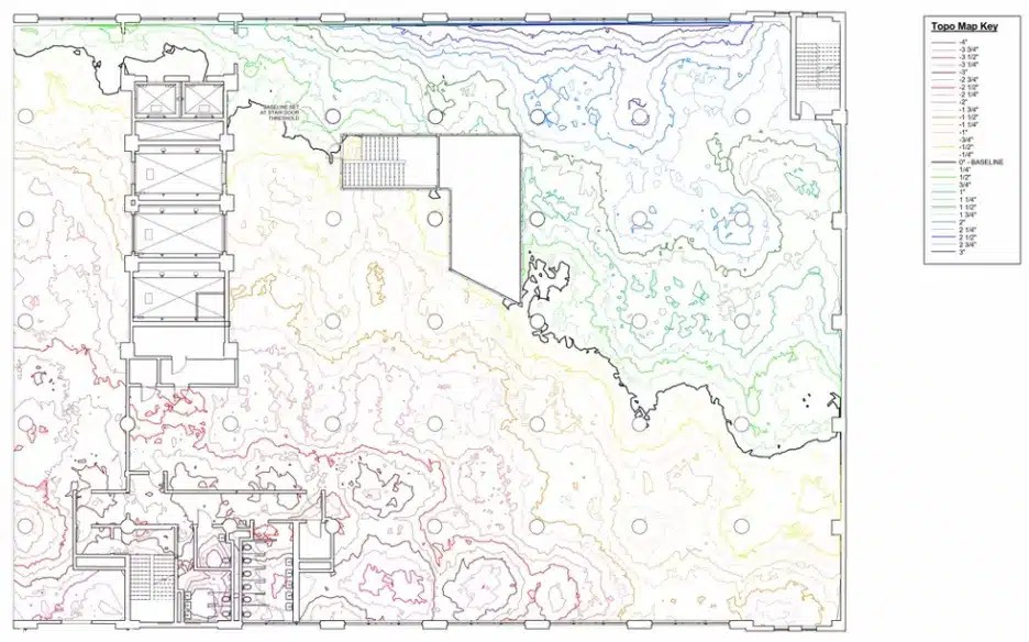 Deformation map with contour lines and color gradients indicating surface deviations. Includes architectural overlays and a legend displaying elevation intervals from 0.5 to 10 feet.