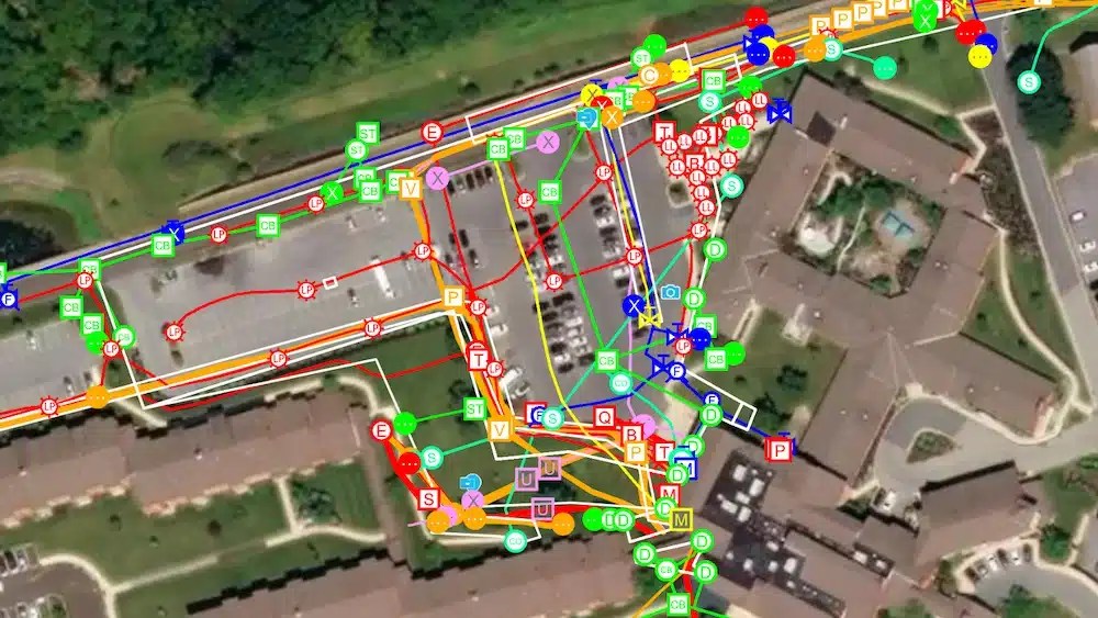 Screenshot in SiteMap® showing a facility complex overlaid with color-coded lines and symbols representing underground utilities and infrastructure, used for planning and asset management.