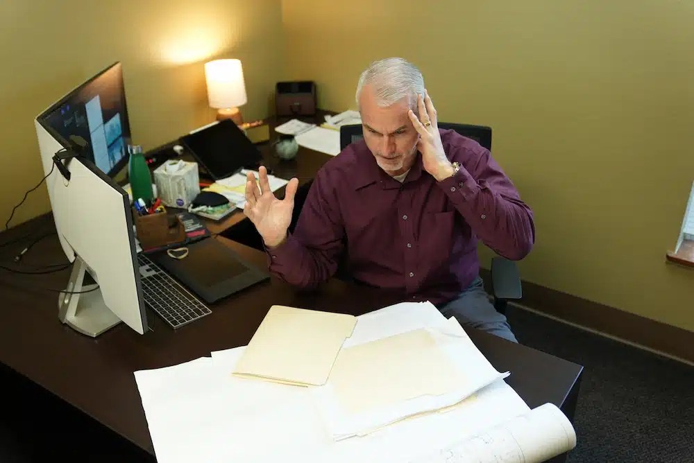 A person seated at a desk in an office with dual monitors, paper records, and folders, representing facility planning and digital project coordination.