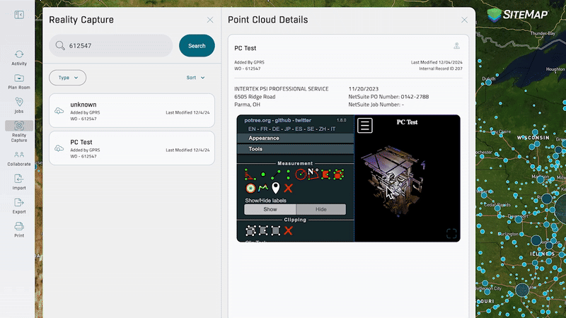 Screenshot of SiteMap® software interface showing reality capture data and point cloud details. Includes a 3D model preview, metadata panel with project information, and a map with multiple data points.