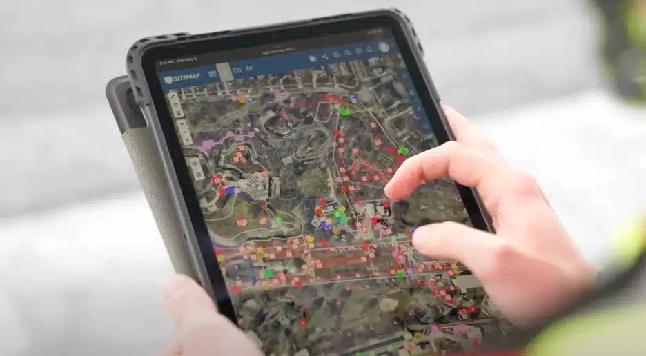 A person manipulating SiteMap infrastructure mapping data on a tablet.