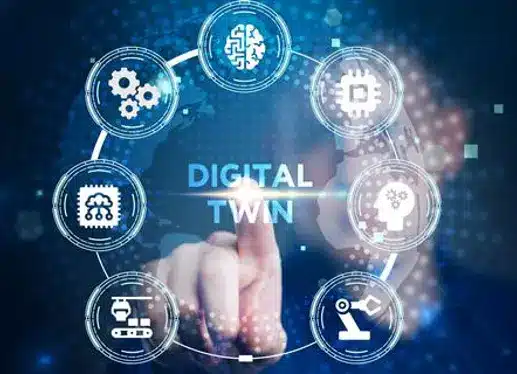 A person pointing at the words ‘DIGITAL TWIN’ in the center of a circular interface surrounded by technology icons such as gears, a brain, a microchip, and robotic arms, on a blue digital background.
