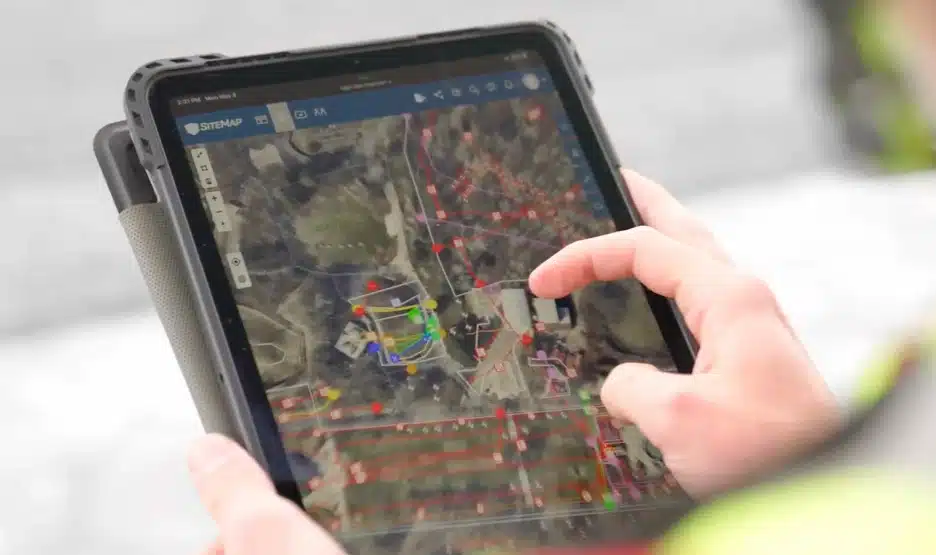 A construction worker manipulating SiteMap infrastructure data on a tablet.