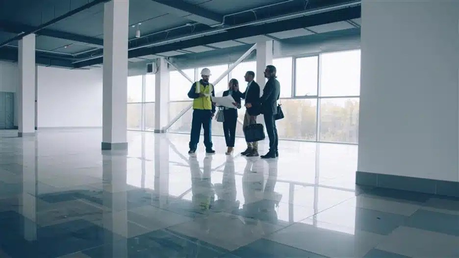 Businesspeople with a construction worker looking at blueprints inside a glass building.