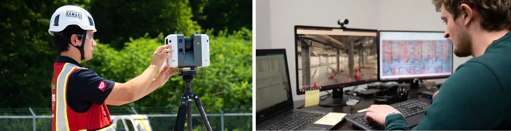 GPRS Project Manager using a 3D laser scanner outdoors and an engineer reviewing building models on dual monitors indoors.