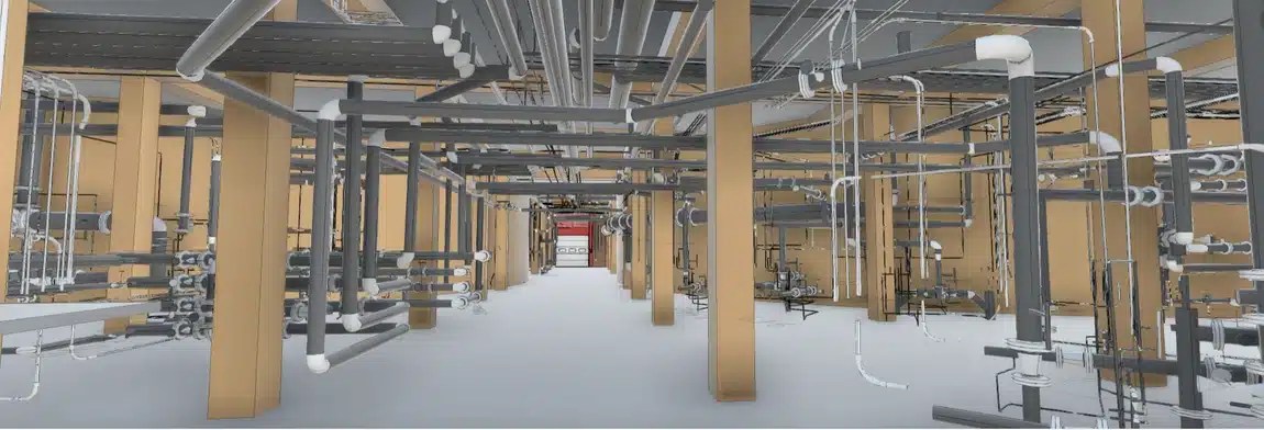 Industrial mechanical room with a complex network of pipes, ducts, and structural beams, including HVAC and utility systems.