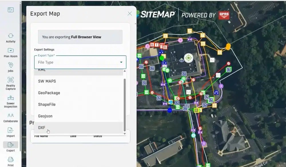 Screenshot of the SiteMap Export Map dialog shows various file formats. Options include DXF, Shapefile, GeoJSON, and KML. The background features a detailed site map with utility markings.