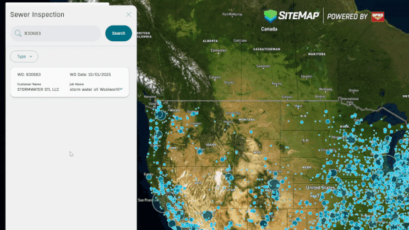 Interactive SiteMap® Sewer Layer dashboard showing GIS map with sewer inspection data points and project details for Stormwater LLC.