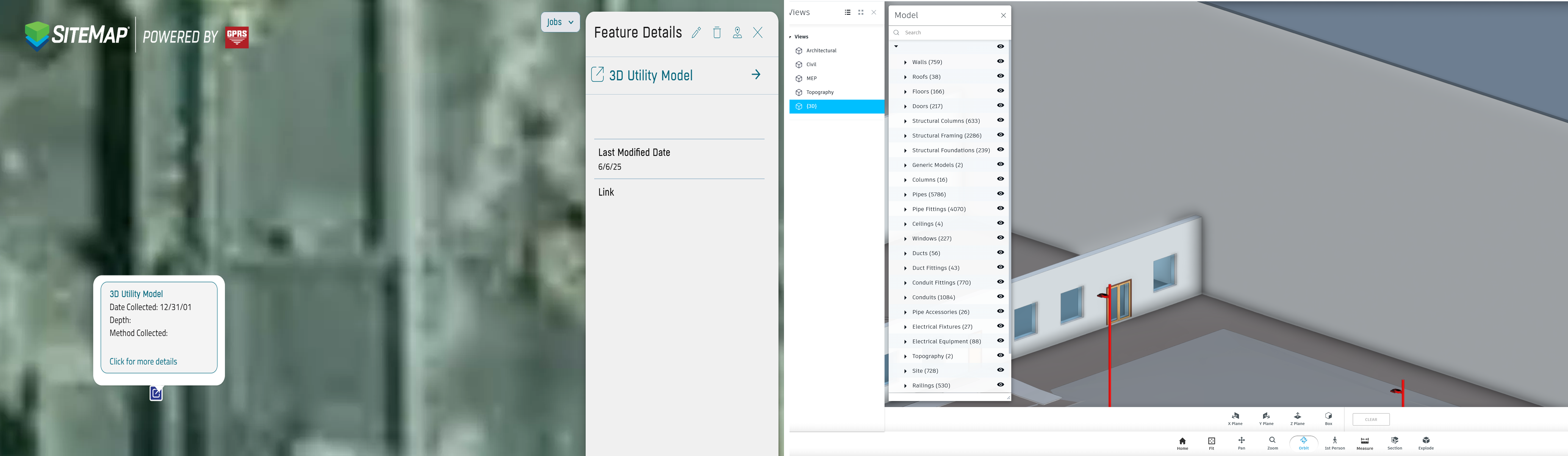Split-screen view of SiteMap® platform displaying a satellite map with a 3D utility model feature on the left and a Revit model interface on the right. The Revit panel lists multiple building components, while the model shows structural walls and utility elements in an interactive environment.