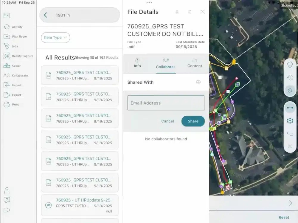 SiteMap mobile app interface showing the file details panel with sharing options. The screen displays a list of project files on the left, a collaboration tab in the center with an email input field for sharing, and a map view with color-coded utility lines on the right.