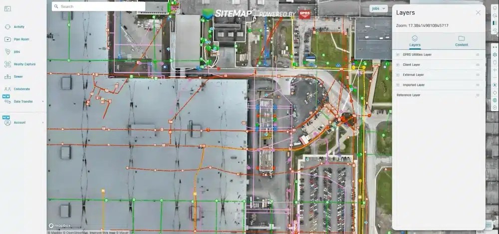 Screenshot of Sitemap® interface displaying the Layers panel with options for GPRS Utilities, Client, External, Imported, and Reference layers. The map view includes color-coded utility lines over a facility layout.