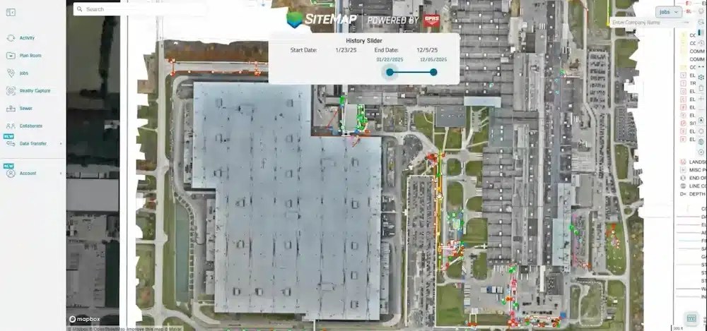 An aerial facility map in SiteMap® with color-coded utility lines and the History Slider tool displayed at the top, showing start and end dates for filtering project data.