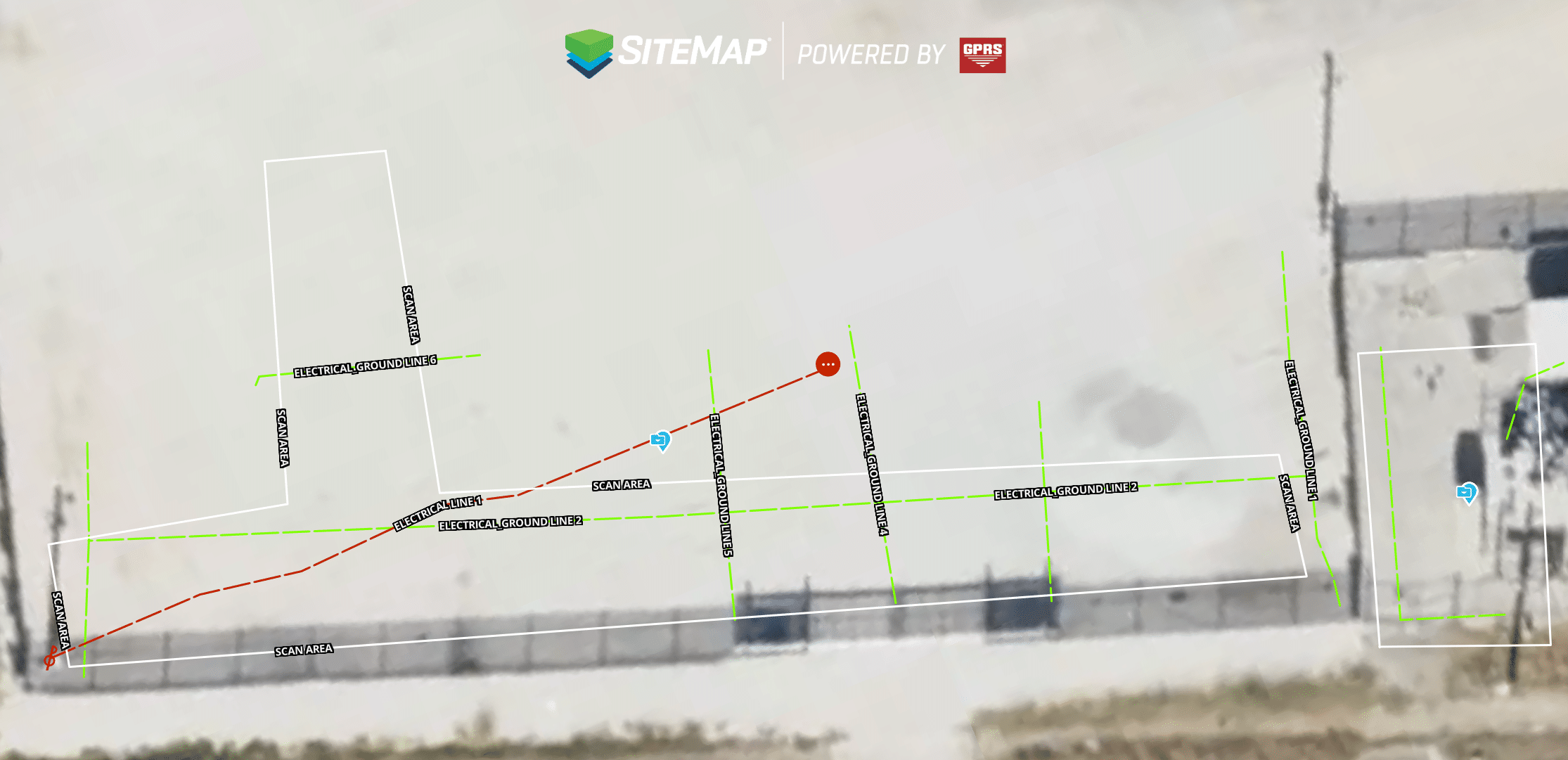 SiteMap® aerial view showing mapped underground electrical utilities with labeled lines, depths, and scan areas over a facility site.