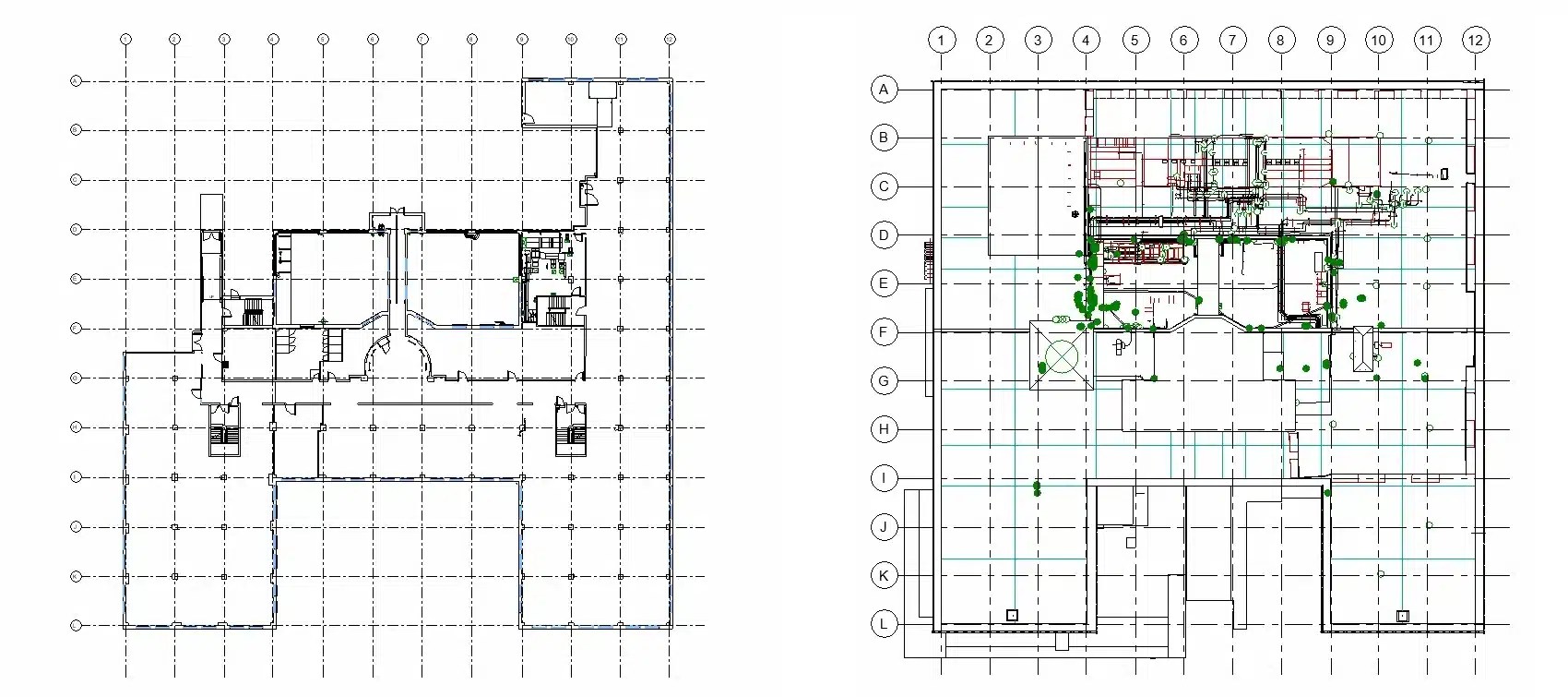 Side‑by‑side 2D CAD floor plans of a data center showing structural grids, rooms, and mechanical and utility layout details.