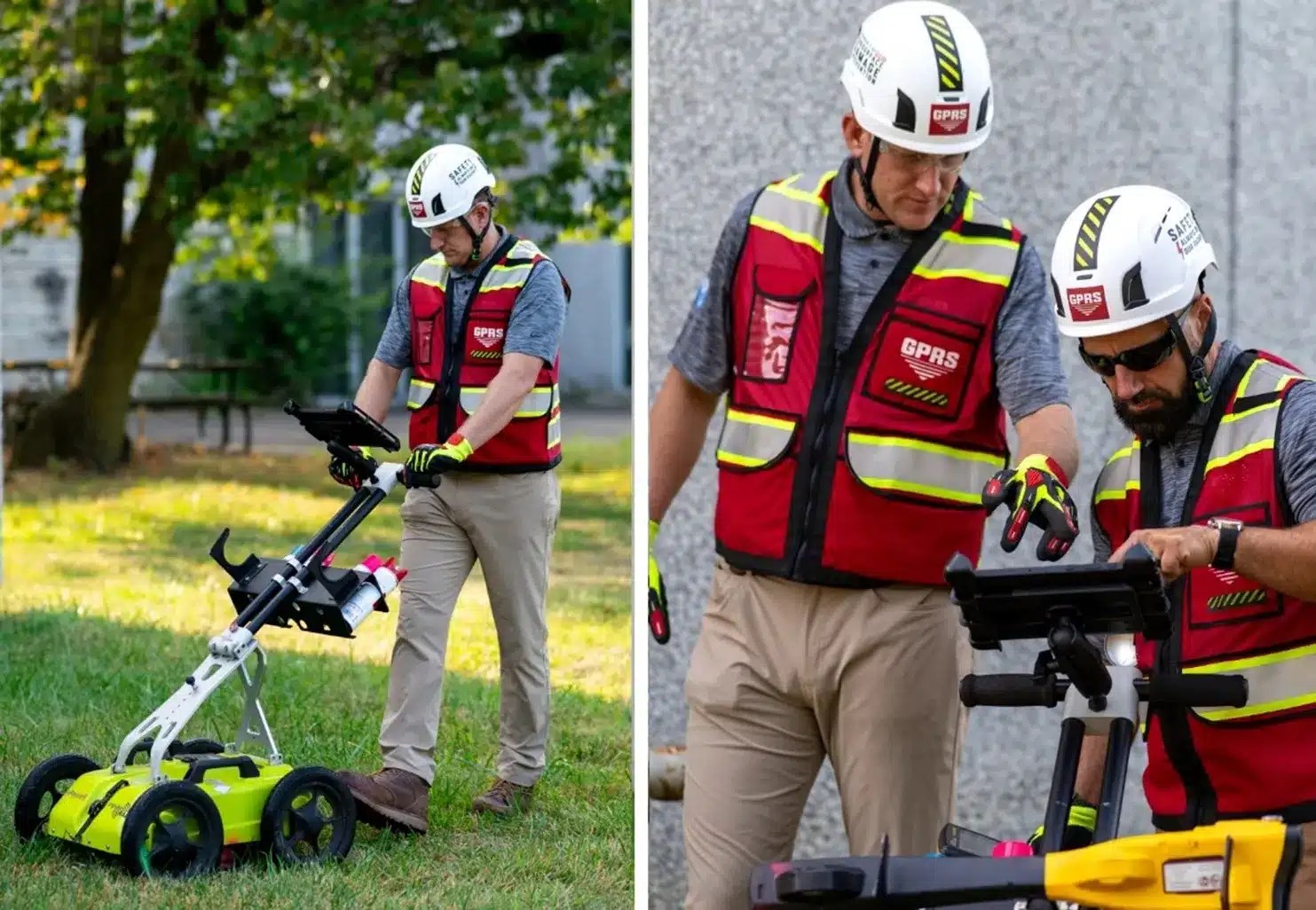 Two side by side photos showing GPRS field team members wearing safety helmets and red high visibility vests while operating ground penetrating radar (GPR) equipment. The left image shows a team member pushing a wheeled GPR unit across a grassy area. The right image shows two team members reviewing data on a tablet mounted to the equipment.