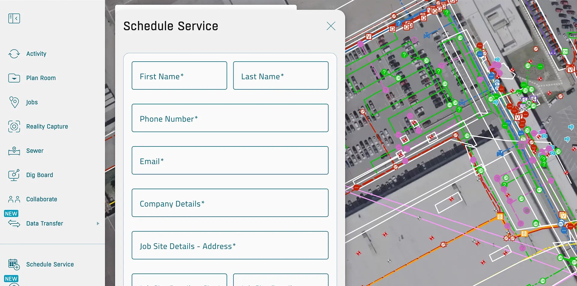 Customer self-service form in SiteMap used to schedule work directly from an interactive construction site map.