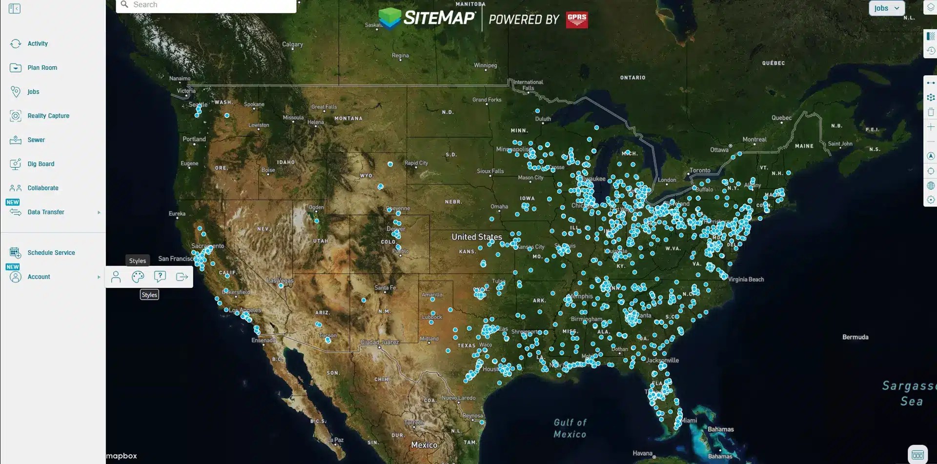 SiteMap dashboard showing a nationwide map with project locations across the United States.