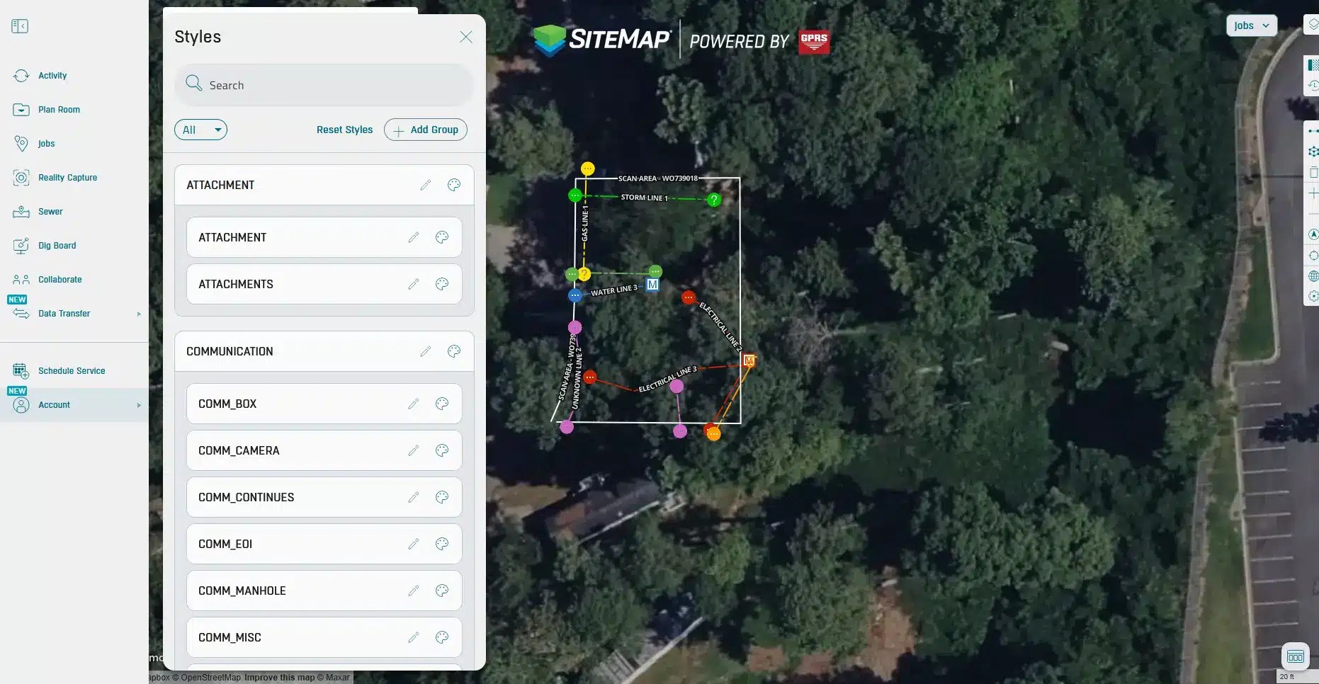 SiteMap interface showing the styles panel next to a satellite view with customized utility lines and mapped features.