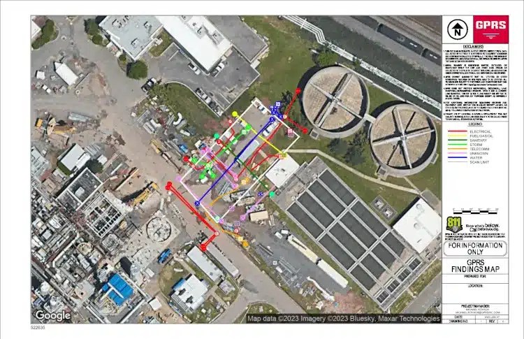 Aerial image of an industrial facility with multiple underground utilities marked in different colors, illustrating GPRS utility locating results displayed in the SiteMap® GIS platform.