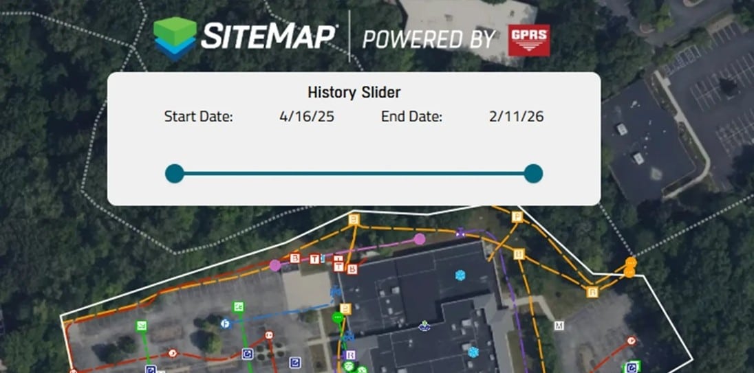 Screenshot of a SiteMap software showing a mapped facility area with yellow and orange boundary lines, icons, and markers over an aerial view, overlaid with a “History Slider” panel displaying a start date of 4/16/25 and an end date of 2/11/26, with slider controls, and “Sitemap powered by GPRS” branding at the top.