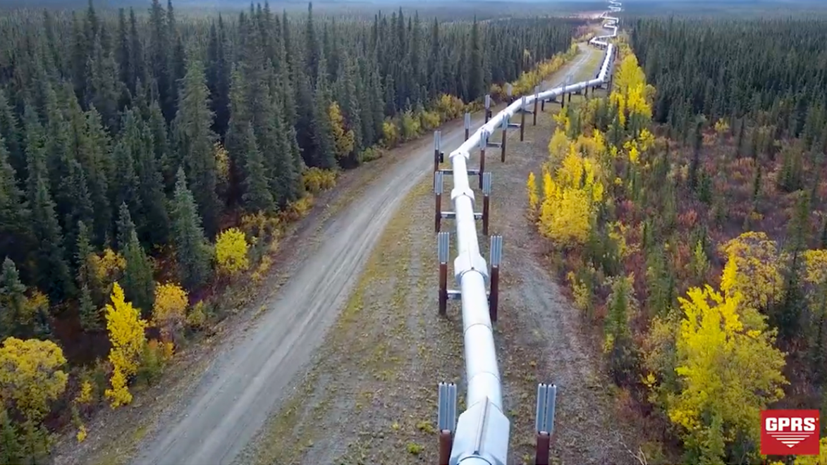 Aerial view of a long above‑ground pipeline running through a dense forest, parallel to a gravel road, with green conifer trees and bright yellow autumn foliage stretching into the distance.