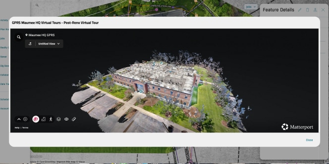 3D reality capture model of a building displayed within a digital mapping interface