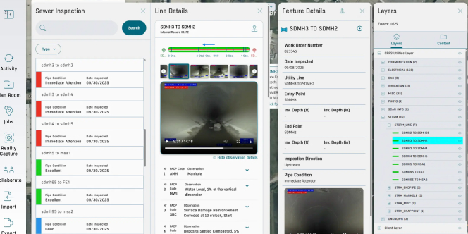 Interface displaying sewer inspection data with video feed and mapped utility lines