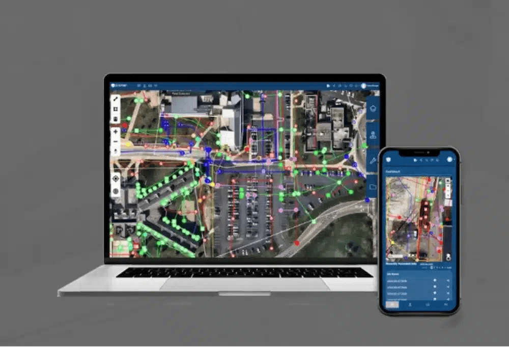 Layered utility maps and BIM overlays on a desktop and mobile device are shown through the SiteMap platform.