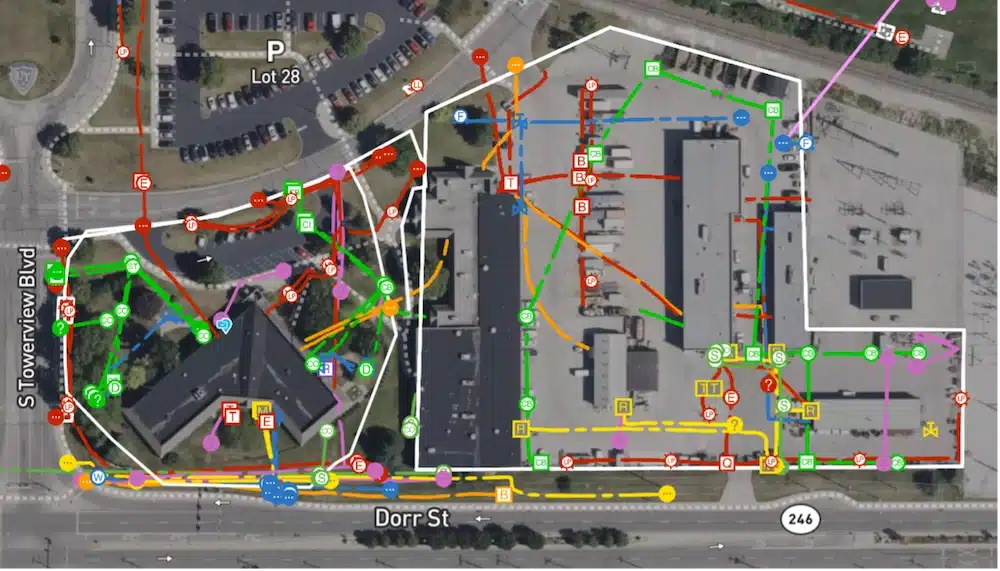 Underground utility lines are mapped onto a picture at the University of Toledo through GPRS’ Sitemap platform