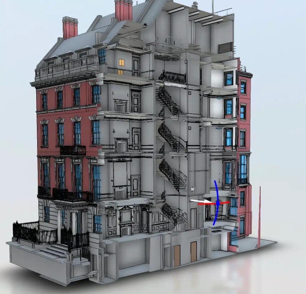 3D BIM model created from reality capture data showing building exterior and interior conditions for facility planning and coordination.